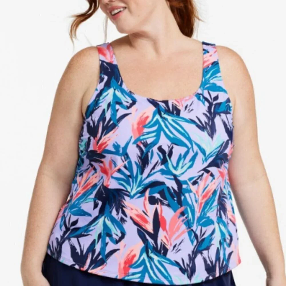NWT L.L. Bean BeanSport Scoopneck Purple Floral Wireless Tankini Top Size 16